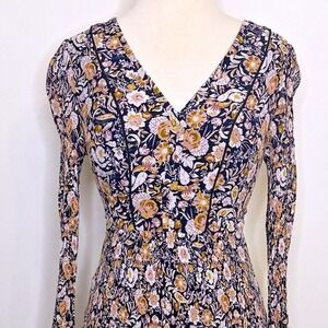 Caroll Paris Floral V-Neck Mini Dress Long Sleeve with Waist Tie Size 38 Cottage